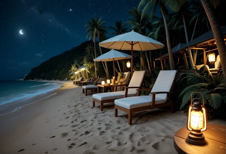 score_9, score_8_up, score_7_up, realistic, (detailed beach:1.4), (outdoors:1.4), (dim lighting:1.4), (night:1.4), (night sky:1.4),(wooden lantern:1.4), J@zz, , horizon, ocean, fern, beach, palm tree, beach chair, beach umbrella,