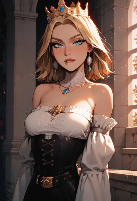 <lora:add-detail-xl:1.3>, score_9, score_8_up, score_7_up, score_6_up, score_5_up, score_4_up, rating_expilcit, 16K UHD, ng_deepnegative_v1_75t, masterpiece, highest quality, 1girl, solo, slimes_hiling, blonde medium hair, crown, blue eyes, small breasts, perky tits, undressing, breast exposed, flash tits, top lifted, bare shoulders, bare legs, g0thicPXL, sexy pose, pinup pose, seductive smile, horny, biting lips, Expressiveh, dynamic angle, (cartoon), afrobullstyle, vivid colors, cowboy shot, negative_hand, sunny day, medieval castle background, sexy attire