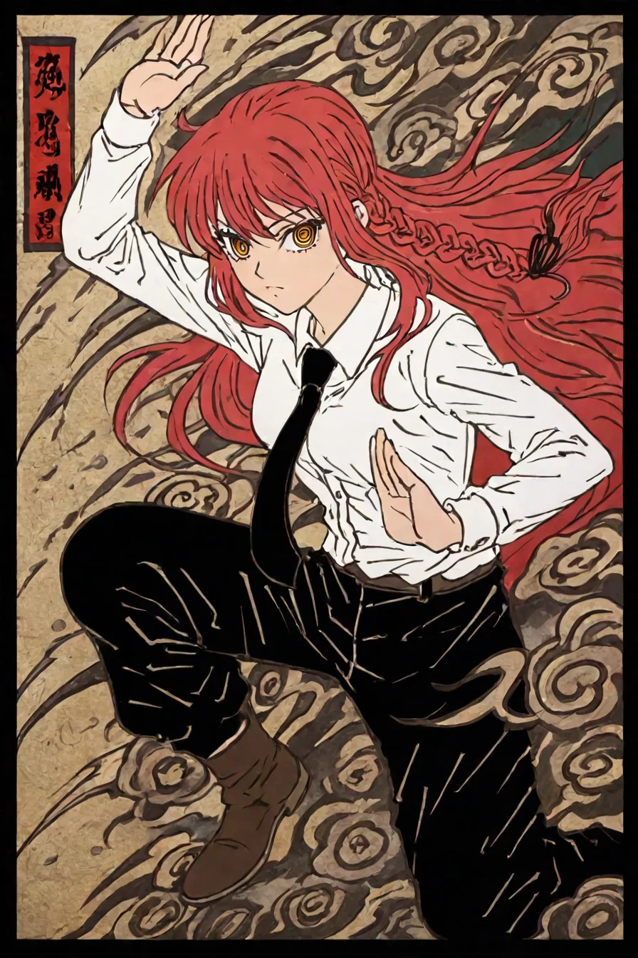 score_9, score_8_up, score_7_up, score_6_up, score_5_up, score_4_up, <lora:mak1ma0XL_Pony_v1:0.8> , mak1ma0, red hair, long hair, ringed eyes, braid, white collared shirt,black necktie, black pants, 1girl, solo, alone, <lora:traditional_japanese_art_illustriousXL-000031:1>, traditional japanese art, fighting stance, masterpiece, highres