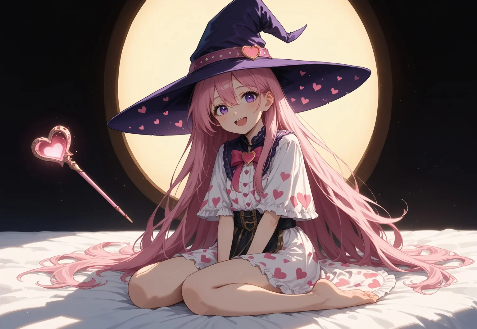 score_9, score_8_up, score_7_up, source_anime, ne0nfant4sy, masterpiece, best quality, very aesthetic, full body, 1girl, 25yrs old, womasn, witch, pink hair, purple eyes, long hair, hair between eyes, very long hair, pink wizard hat, pink and white dress, heart pattern cloche, cute fashion, smiling, mouth open, pink bedroom, sun light rays, contrast lighting, holding a wand, valentines day theme, cute bedroom, love, hearts, passion, cute, 