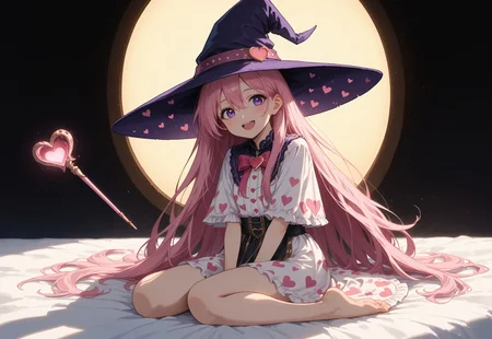 score_9, score_8_up, score_7_up, source_anime, ne0nfant4sy, masterpiece, best quality, very aesthetic, full body, 1girl, 25yrs old, womasn, witch, pink hair, purple eyes, long hair, hair between eyes, very long hair, pink wizard hat, pink and white dress, heart pattern cloche, cute fashion, smiling, mouth open, pink bedroom, sun light rays, contrast lighting, holding a wand, valentines day theme, cute bedroom, love, hearts, passion, cute,