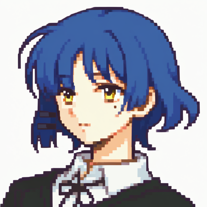 score_9, score_8_up, score_7_up, source_anime BREAK, 1girl,  solo,
<lora:zs_FEGBAPortraitsXL:1> fegbaportraits, portrait, white background, 
 <lora:bocchi_yamada_ponyXL:1> yamada ryo, blue hair, mole under eye, hairclip, shimokitazawa high school uniform, black sweater, long sleeves, white shirt, neck ribbon,