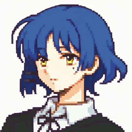 score_9, score_8_up, score_7_up, source_anime BREAK, 1girl, solo,
<lora:zs_FEGBAPortraitsXL:1> fegbaportraits, portrait, white background,
<lora:bocchi_yamada_ponyXL:1> yamada ryo, blue hair, mole under eye, hairclip, shimokitazawa high school uniform, black sweater, long sleeves, white shirt, neck ribbon,