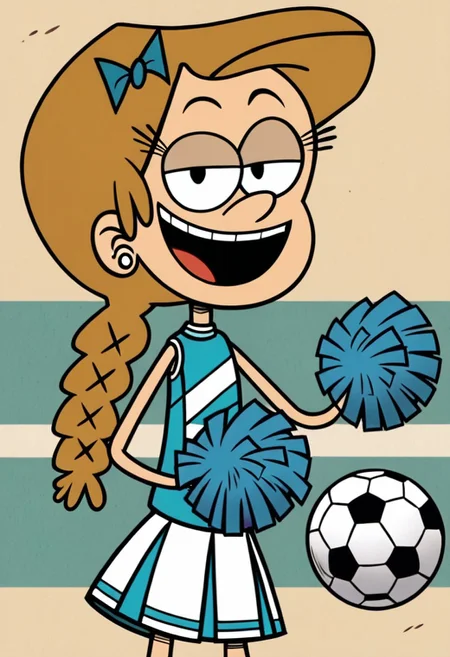 score_9, score_8_up, score_7_up, source_cartoon prefect lighting, very aesthetic, intricate details, highly detailed background, high quality, prefect hands, best quality,the loud house, jordan, light brown hair, braid, hair ribbon, blue ribbon, earrings, happy, half-closed eyes, looking at viewer, open mouth, petite girl, cheerleader uniform, cheerleading, pom-pom, soccer shield, sexy pose, detailed pic