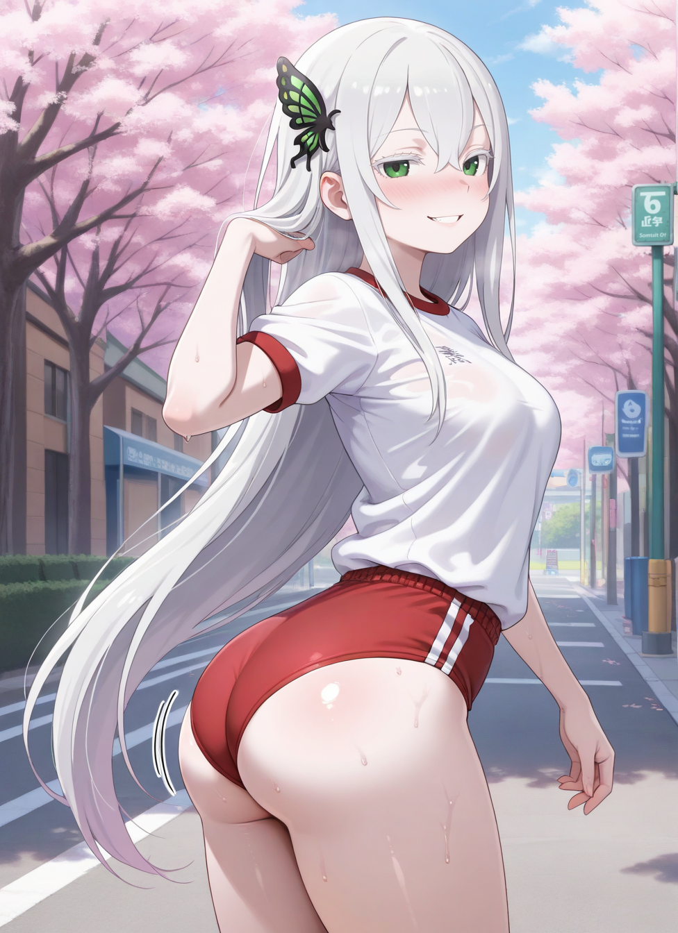 1girl, solo, outdoors, street, cherry blossoms, cowboy shot, looking at viewer, shiny skin, close-up, looking at viewer, echidna (re:zero), black eyes, colored eyelashes, grey hair, very long hair, hair ornament, butterfly hair ornament,  hair between eyes, pale skin, standing, from side,  detailed face, detailed body, best background, detailed background, uncensored, (bubble butt:1.1),(round butt:1.1),(butt lines:1.4), outdoors, white_hair_ribbons, jewelry, gym uniform, white shirt, short sleeves, red buruma, thighs, sweat, parted lips, hand on hair,, , shiny, shiny skin, shiny hair, soft body,, , sexually suggestive, naughty face, horny, naughty face, nose blush,
