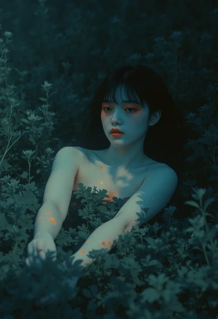 An enigmatic composition bathed in soft, diffused light, blending whispers of surrealism and melancholia. The scene unfolds in a cinematic atmosphere where subtle textures and delicate grains add depth, while the interplay of light and shadow enhances the quiet intensity of the moment. A subdued color palette merges with ethereal haze, evoking a dreamlike quality and timeless stillness. The central subject –Tetsuo’s flawless arm rests peacefully, faint veins of muted gray-blue energy tracing inward as calm envelops him. His face, serene with acceptance, mirrors the quiet stillness he radiates. A close-up reveals the dim veins fading softly, his arm restoring balance as gentle energy flows outward, caressing the tranquil countryside, its horizon blooming under his touch.– is delicately framed, their presence balanced between mystery and intimacy. Surrounding elements, rich in symbolic undertones, anchor the narrative in an otherworldly context. Organic details like softly swaying flora or faintly glowing surfaces contrast with stark, haunting figures, creating a juxtaposition that is both poignant and surreal. The composition invites introspection, with negative space amplifying the mood's resonance. Every detail, from the atmospheric depth to the muted highlights, serves to craft an image that feels suspended in an emotional, poetic realm, steeped in quiet nostalgia.
surreal style