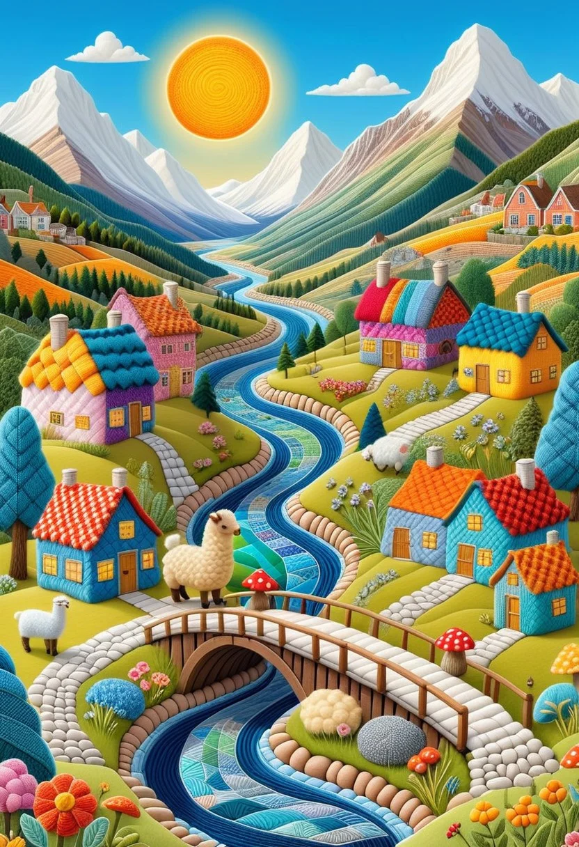 A vivid, detailed illustration of a whimsical, colorful landscape where everything is (made from patchwork fabric). The scene is dominated by a central, flowing river with a wooden bridge crossing it. The river is surrounded by lush, green, rolling hills, dotted with small, cozy houses with thatched roofs in shades of blue, orange, and yellow. The houses are intricately detailed with windows, doors, and chimneys. Surrounding the houses are tall, colorful trees with round, fluffy tops. Creating a surreal, fairytale-like atmosphere. The sky is a deep blue, contrasting with the vibrant colors of the landscape. In the background, towering, snow capped mountains with fluffy clouds and a bright sun peeking from behind them add depth and a sense of scale to the scene. The foreground is filled with various small, knitted items such as alpacas, sheep, and mushrooms, all in bright, primary colors, adding to the whimsical and playful nature of the illustration. The textures are soft and fuzzy, with a hand-knit patchwork appearance, enhancing the cozy, handmade feel of the entire scene. The overall style is a blend of fantasy and folk art, creating a charming and enchanting world. ptchkrawk