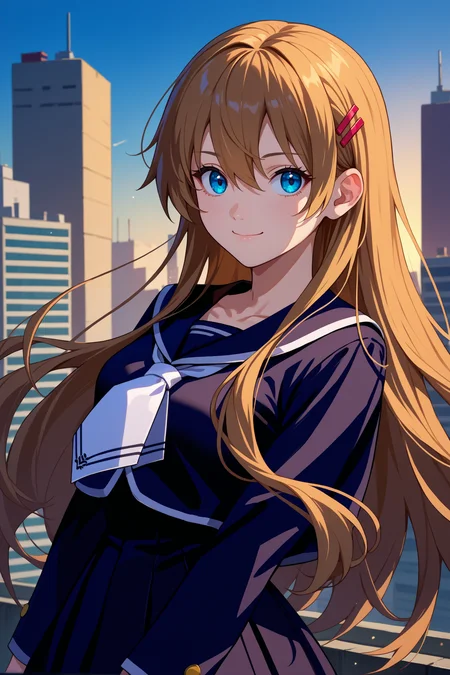 score_9, score_8_up, score_7_up, score_6_up, source_anime, 1girl, solo, <lora:hiiragiasuka-pdxl-nvwls-v1-000005:1> txasuka, long hair, brown hair, blue eyes, hairpin, black serafuku, white necktie, school uniform, black skirt, white thighhighs, upper body, looking at you, happy, smile, closed mouth, city