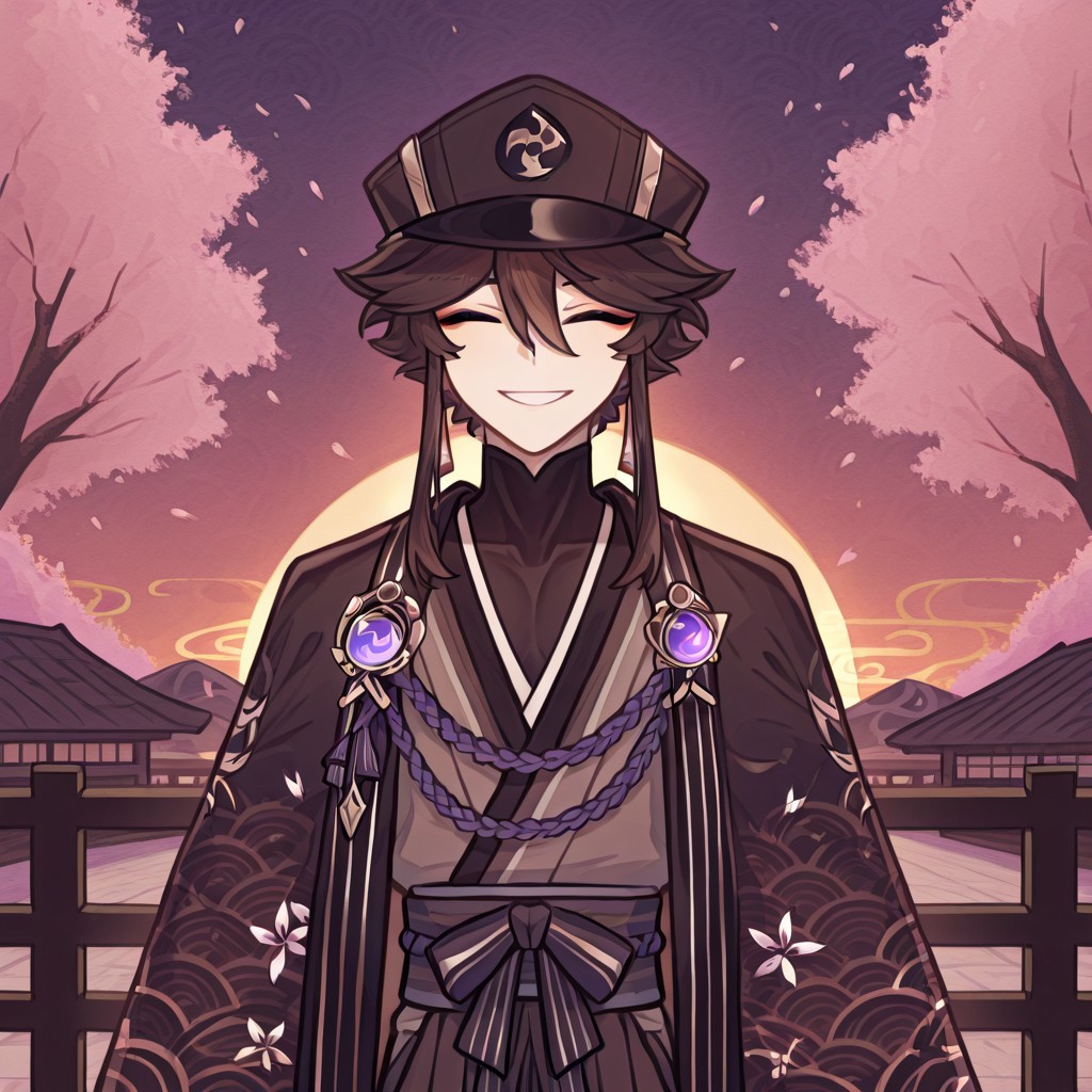 w0lfc0nf, 1 boy, Genshin Impact, male, dark brown hair, human, slim, japanese clothing, hat, closed eyes, makup around eyes, smiling, male focus, beautiful background, cherry blossoms, japanese background, sunset, masterpiece, perfect quality, best quality, detailed, cool composition, newest, very aesthetic, detailed