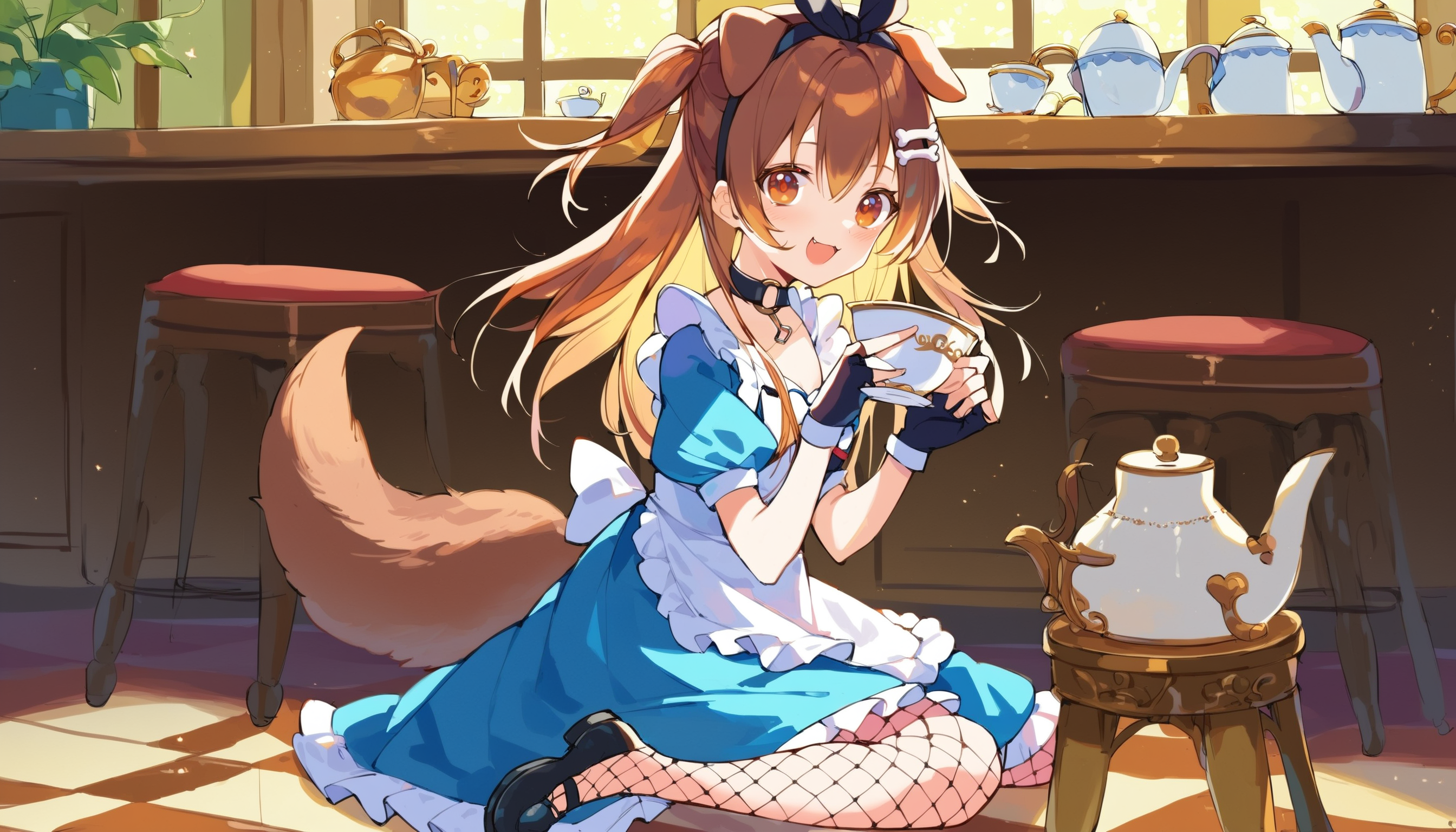 score_9, score_8_up, score_7_up, score_6_up, source anime,
<lora:inugami_korone_v1:1> inugami korone, 1girl, bone hair ornament, solo, dog girl, dog ears, dog tail, hair between eyes,
inugami korone wonderland, fingerless gloves, fishnet pantyhose, o-ring choker, x hair ornament, blue dress, black footwear, white apron, bow hairband, two side up, black hairband, short sleeves, hair ribbon, frilled apron, puffy sleeves,
looking at viewer, blush, open mouth, :3, smile, sitting, chair,
minimized, non-euclidean geometry, from side, holding cup, teacup, teapot,
indoors, checkered floor, alice in wonderland