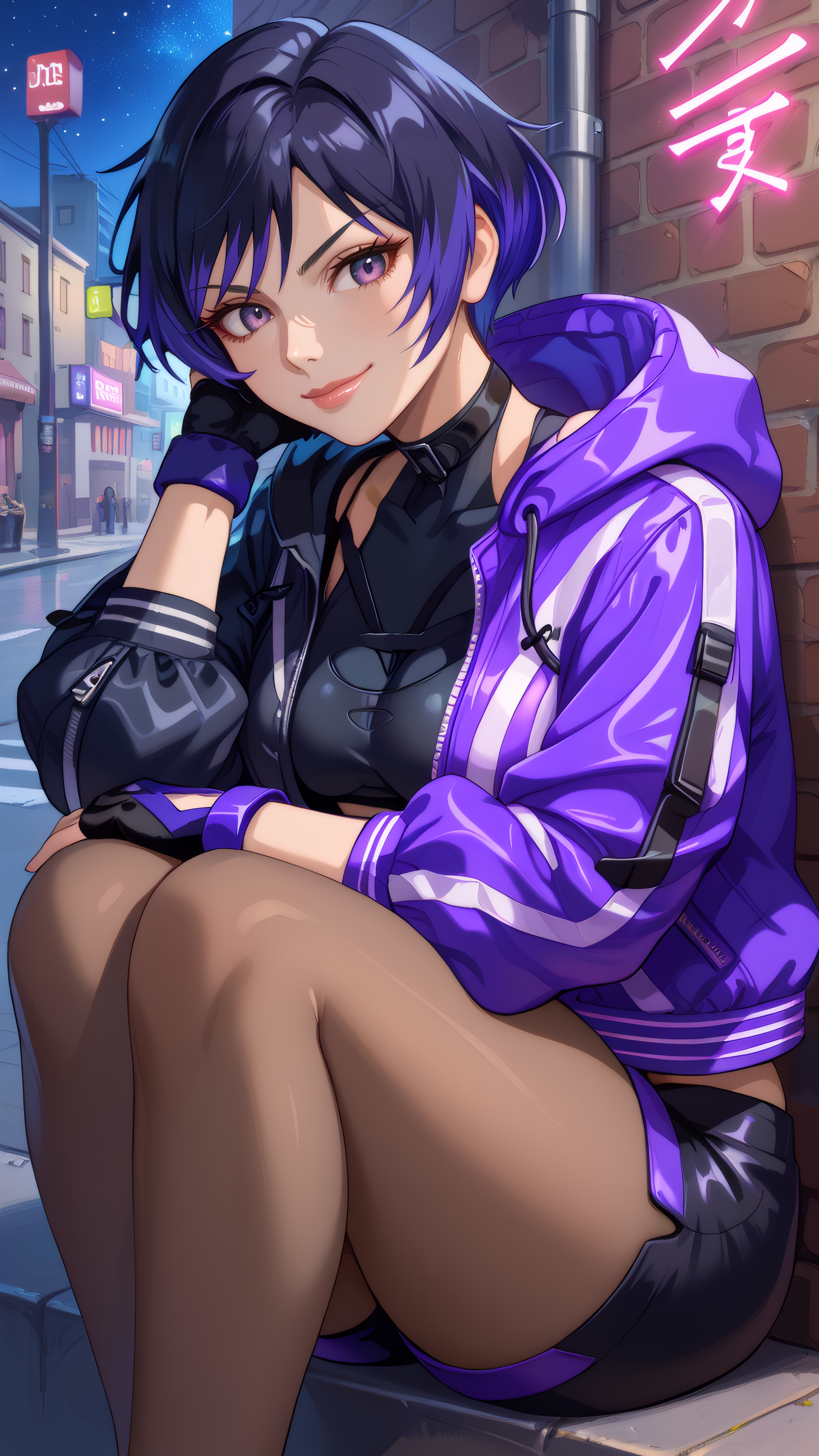 score_9, score_8_up, score_7_up,  score_6_up BREAK 1girl, looking at viewer, cowboy shot, looking at viewer, mature female, 
<lora:Reinav2_Pony_Dwnsty:1>, reina_def, purple eyes, multicolored hair, black hair, purple hair, short hair, multicolored jacket, purple jacket, black jacket, zipper, hooded jacket, black shirt, choker, crop top, short shorts, black shorts, clothing cutout, fingerless gloves, black pantyhose,
medium breasts, lips, smirk,
outdoors, street, neon light, sitting, reclining, knees up, arm rest, against wall, starry sky, night,