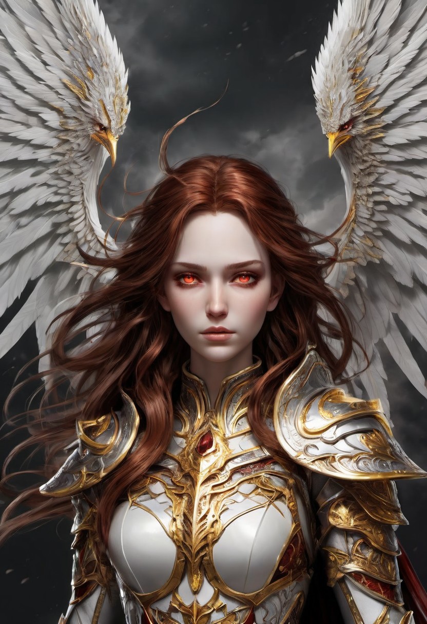 full body, angel downing from the sky, A powerful angelic female figure stands dramatically, clad in shining silver and iron armor adorned with intricate red designs. Their long, flowing brown hair frames a determined face with glowing yellow eyes. In one hand, they wield a bright, golden sword that emits streaks of lightning, while the other hand is raised in a commanding gesture. Majestic white wings extend from their back, contrasting against a dark, stormy backdrop that adds to the intensity of the scene. The atmosphere is charged with energy, conveying a sense of strength and authority.