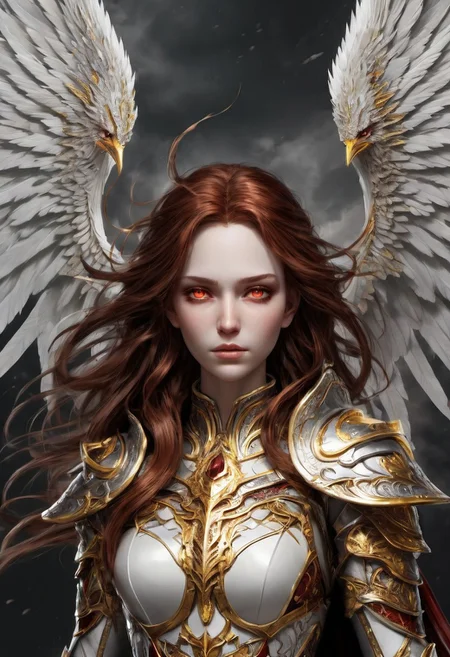 full body, angel downing from the sky, A powerful angelic female figure stands dramatically, clad in shining silver and iron armor adorned with intricate red designs. Their long, flowing brown hair frames a determined face with glowing yellow eyes. In one hand, they wield a bright, golden sword that emits streaks of lightning, while the other hand is raised in a commanding gesture. Majestic white wings extend from their back, contrasting against a dark, stormy backdrop that adds to the intensity of the scene. The atmosphere is charged with energy, conveying a sense of strength and authority.