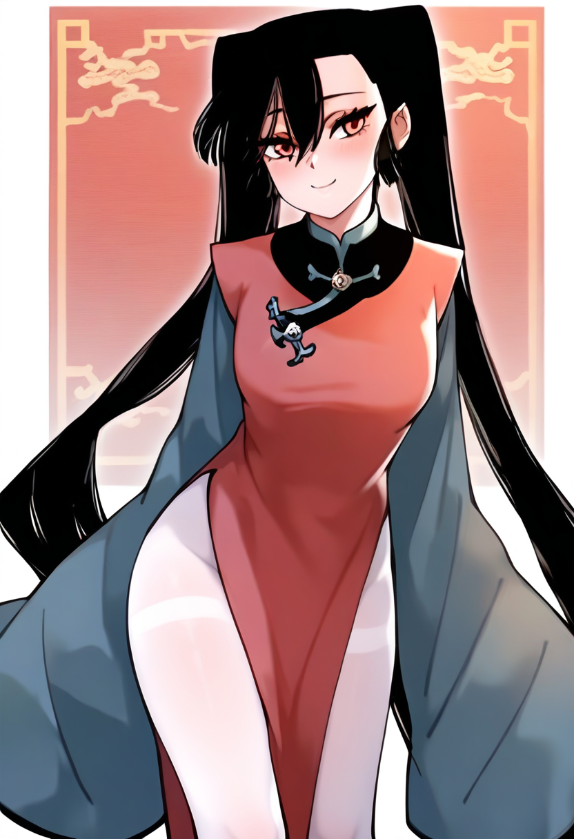 <lora:hudasheng:1>,hudasheng,1girl,long hair,red eyes,solo,long hair,black hair,hair between eyes,ponytail,pigtails,long sleeves,white_pantyhose,china_dress,
standing,looking at viewer,smile,blush,light_blush,((white background,simple background,)),, masterpiece,best quality,amazing quality,