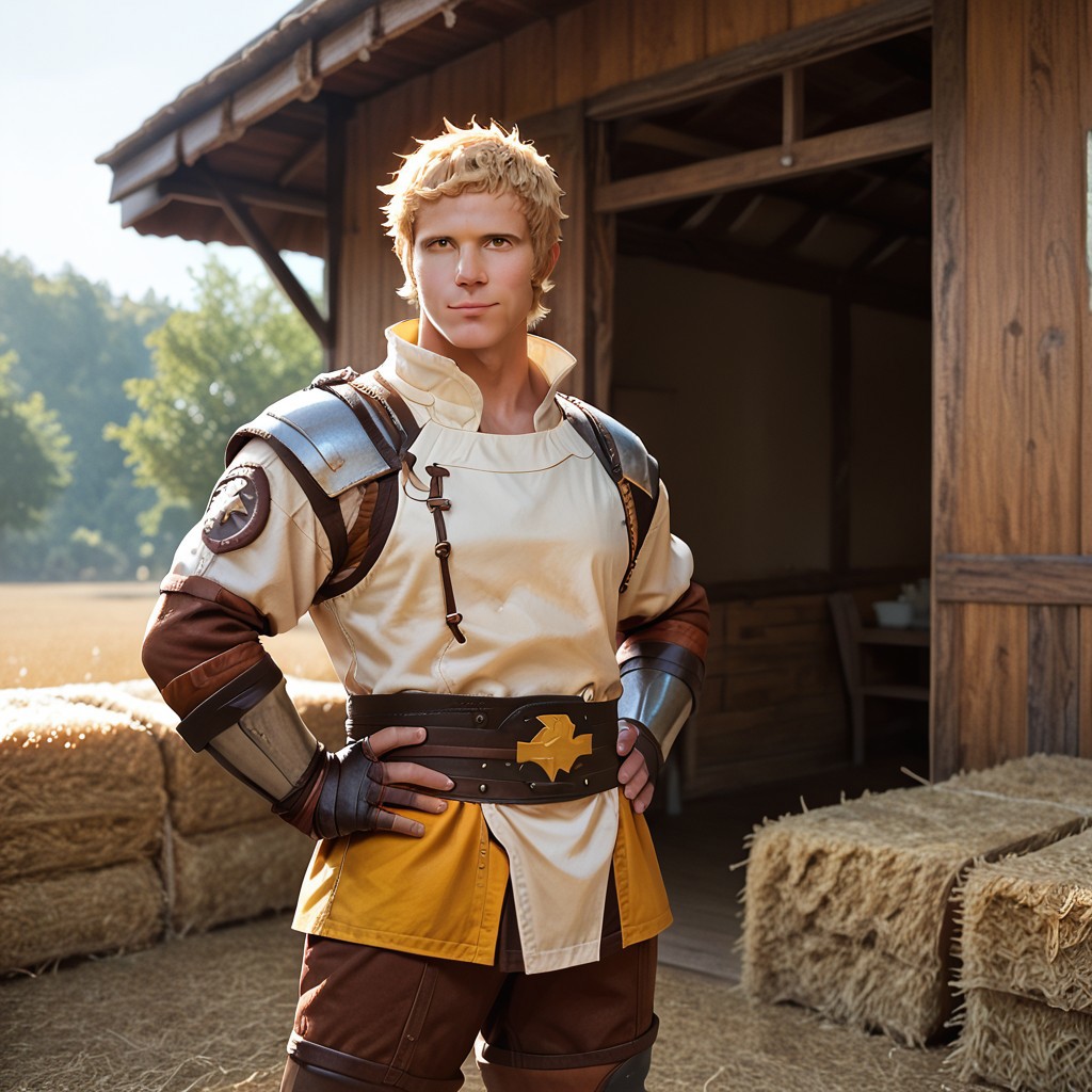 Zpdxl3, Score_7_up, score_8_up, solo male, cowboy shot, realistic , photo, bara, 
BREAK,
TSRaph, muscular male, short hair, yellow eyes, sideburns, fighter outfit, hands on hips, closed mouth, smile, 
Stable setting, awning, outdoors, hay,
