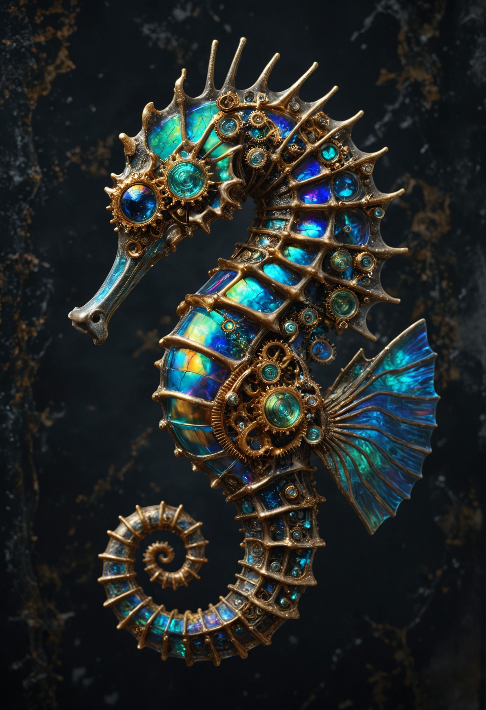 a seahorse with a striking bioluminescent hue contrasted by metallic details merges organic curves with mechanical complexity, embodying both natural elegance and industrial intricacy, its segmented armor alternates glossy iridescent pieces with rustic gears and coils against a soft, dark backdrop, <lora:MJ52:0.4>, <lora:SDXLFaeTastic2400:0.4>