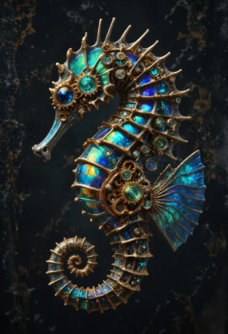 a seahorse with a striking bioluminescent hue contrasted by metallic details merges organic curves with mechanical complexity, embodying both natural elegance and industrial intricacy, its segmented armor alternates glossy iridescent pieces with rustic gears and coils against a soft, dark backdrop, <lora:MJ52:0.4>, <lora:SDXLFaeTastic2400:0.4>