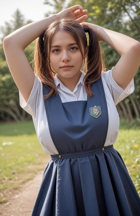 score_8_up,score_7_up,score_6_up,score_5_up,<lora:spo_sdxl_10ep_4k-data_lora_webui:1.7>,zPDXL3,(exquisite score:1.1),photo\(medium\),(realistic:1.2),photorealistic,reality,dynamic photo,incredibly absurdres,highres,detail,intricate detail,detailed,(exquisite:1.1),4k,16k,uhd,depth of field,ray-tracing,dynamic angle,<lora:Pony Realism Slider:1.8>,<lora:add_saturation_XL:0.3>,<lora:add_contrast_XL:-0.5>,<lora:add_brightness_XL:-0.5>,<lora:add_sharpness_XL:0.8>,nsfwupscaler,<lora:BackgroundDetailerV3:0.2>,beautiful simple background,pureerosface_xl,<lora:ALTXLpony_063_8:0.5>,<lora:Expressive_H:0.8>,Expressiveh,perfect eyes,
BREAK 1girl,solo,female focus,huge breasts,twintail,raised arm,arm above head,<lora:msiaschluniPonyV2:0.8>,outfit0001,schlunifull,blue pinafore dress,white shirt,collared shirt,short sleeve,school uniform,outdoors,school,