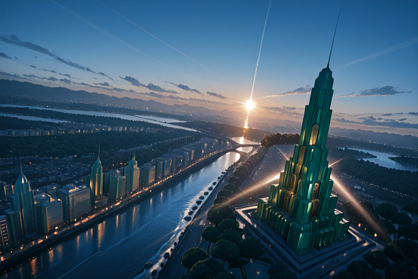8K, In'ei, chiaroscuro, volumetric lighting, perfect depth of field shot, beautiful, sharp focus, crisp details, subsurface scattering and reflections, photographic realism, bright vivid colors, 8K CGI render, 
<lora:Art_Deco_(Architecture)_(Illustrious)_(AD):1>  Art Deco, building, city, <lora:3dSliderPony_v10:1> <lora:NOOB_vp1_detailer_by_volnovik_v1:1>  <lora:NTR_MIX_4.0_LORA:1> 
skyscrapers, idealistic skyscraper, scenery, dutch angle, limestone and bronze, art deco architectural masterpiece, river, plaza, 
BREAK zPDXL, Smooth Quality,