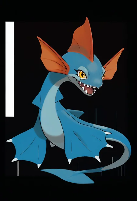 score_9, score_8_up, score_7_up,Create an image of a whimsical cartoonish aquatic creature. It should have a dynamic and balanced profile composition, centered with plenty of negative space around it. The creature should have a light blue body with darker blue back fins and a curved tail to imply movement. Its facial features include oversized, round yellow eyes with red-orange rims, and a wide mouth with sharp white teeth. It should have small, pointed cheek fins and a lighter colored belly. The illustration should be in a bold, cartoon style with clean lines of varying thickness, flat colors with minimal shading, and no texture to emphasize smoothness. The background should be transparent to allow for easy integration into various scenes or uses. The overall feeling should be playful yet formidable, suitable for a character in a game or a story., zPDXL