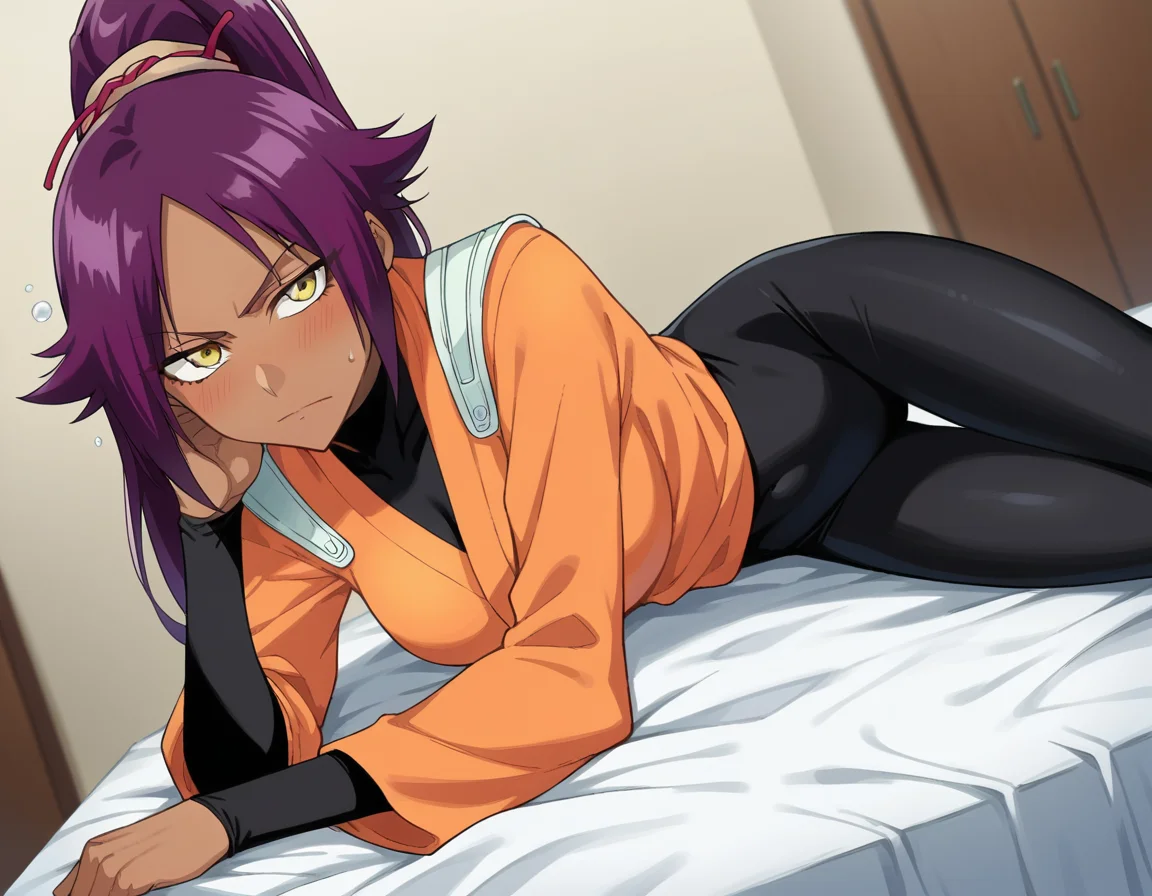 score_9, score_8_up, score_7_up, source_anime,
yoruichishihouin, <lora:yoruichi-shihouin-ponyxl-lora-nochekaiser:1>
yoruichi shihouin, long hair, yellow eyes, ponytail, purple hair, dark skin, dark-skinned female,
bodysuit, black bodysuit, bodysuit under clothes, orange shirt, long sleeves,
indoors, bed, bed room, on side, blush, drunk,
looking at viewer, dutch angle, cowboy shot,