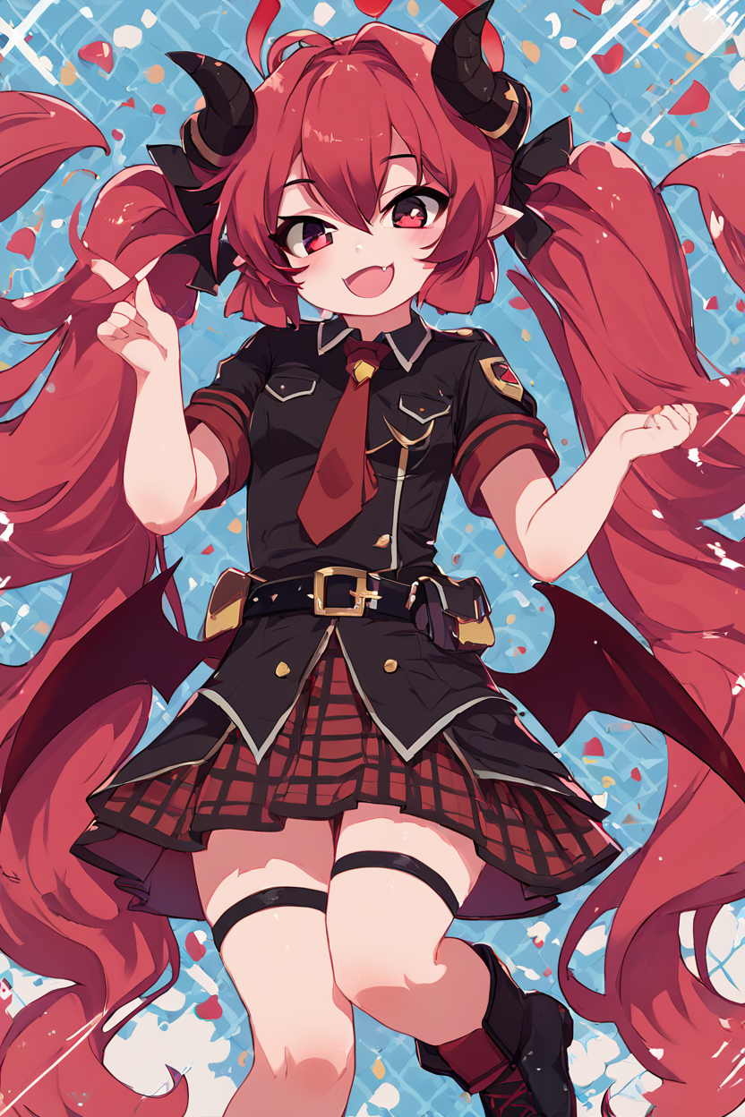 score_9, score_8_up, score_8, medium breasts, (curvy), cute, eyelashes,       BREAK, , ,,, zzJunko, red eyes, red hair,  red halo, horns, long hair, twintails, halo, demon horns, pointy ears, wings, hair between eyes, demon wings, very long hair, black horns, low wings,  ribbon black shirt, pleated skirt, red skirt, short sleeves, plaid skirt, red necktie, thigh strap, belt, fang, black footwear, boots, <lora:Junko_BlueArchive_PDXL:0.8>,   ,,,, BREAK, smile, looking at viewer, cowboy shot, ,,, embedding:zPDXL, Expressiveh, ,,, <lora:Zankuro_Style_PDXL:0.8> <lora:SDXLFaeTastic2400:0.5>, <lora:Expressive_H-000001:0.4>,