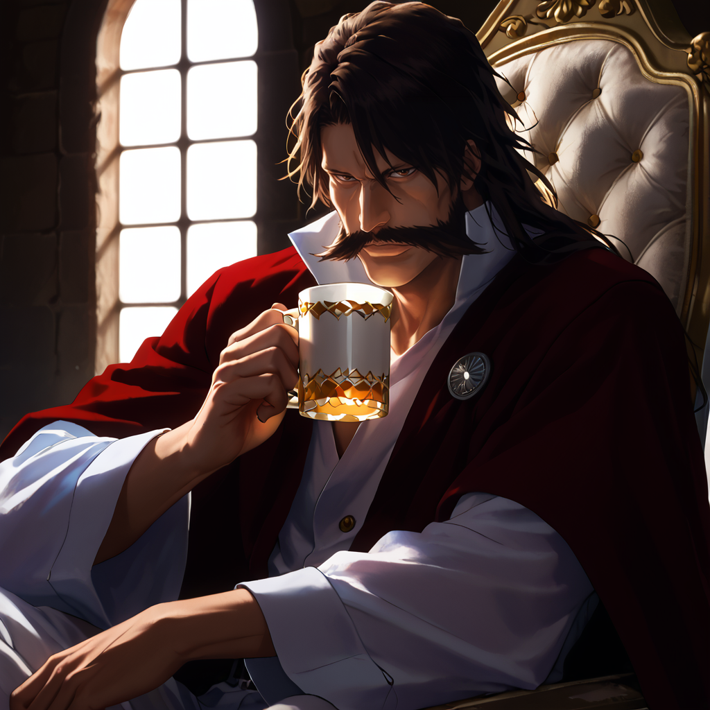 score_9, score_8_up, score_7_up, score_6_up, score_5_up, score_4_up, masterpiece, high quality, detailed
1man, long black hair, dark brown hair, huge mustache, pronounced cheekbones, long nose, thin eyebrows, white boots, brown eyes, (maroon-black cloak:1.1), broad chin, white uniform, close-up, upper body, <lora:yhwach:1> 
 <lora:UnfazedDrinkingPoses:1> drinking, holding mug, tea, sitting in throne, castle