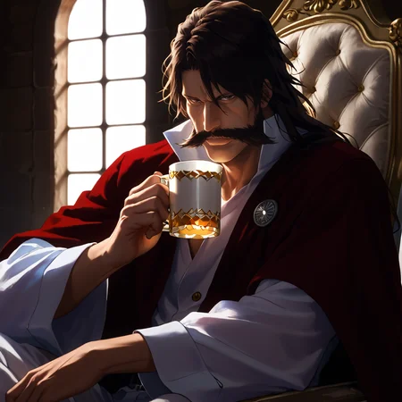 score_9, score_8_up, score_7_up, score_6_up, score_5_up, score_4_up, masterpiece, high quality, detailed
1man, long black hair, dark brown hair, huge mustache, pronounced cheekbones, long nose, thin eyebrows, white boots, brown eyes, (maroon-black cloak:1.1), broad chin, white uniform, close-up, upper body, <lora:yhwach:1>
<lora:UnfazedDrinkingPoses:1> drinking, holding mug, tea, sitting in throne, castle