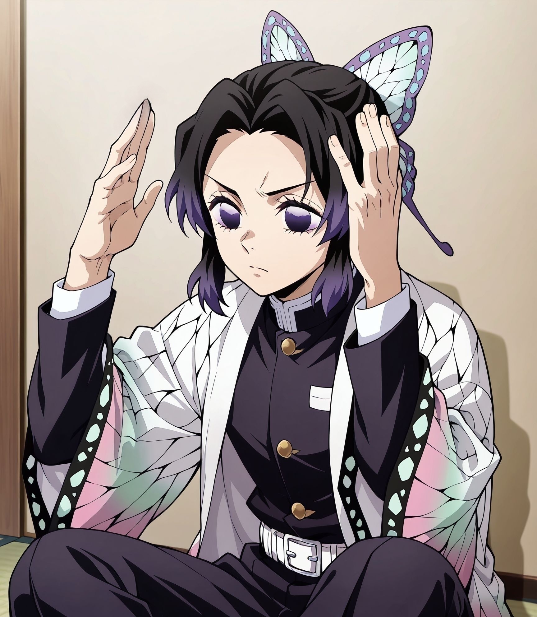 masterpiece, best quality, newest, absurdres, highres, detailed eyes, beautiful, detailed background, perfect eyes, anime coloring, anime screencap,
<lora:My_dad_got_the_MVP:1>My dad got the MVP,
Raising both hands with palms open near the head,
1boy,male focus,indoors, sitting, serious, 
solo,raising both hands ,
kochou shinobu, kimetsu no yaiba, official art,