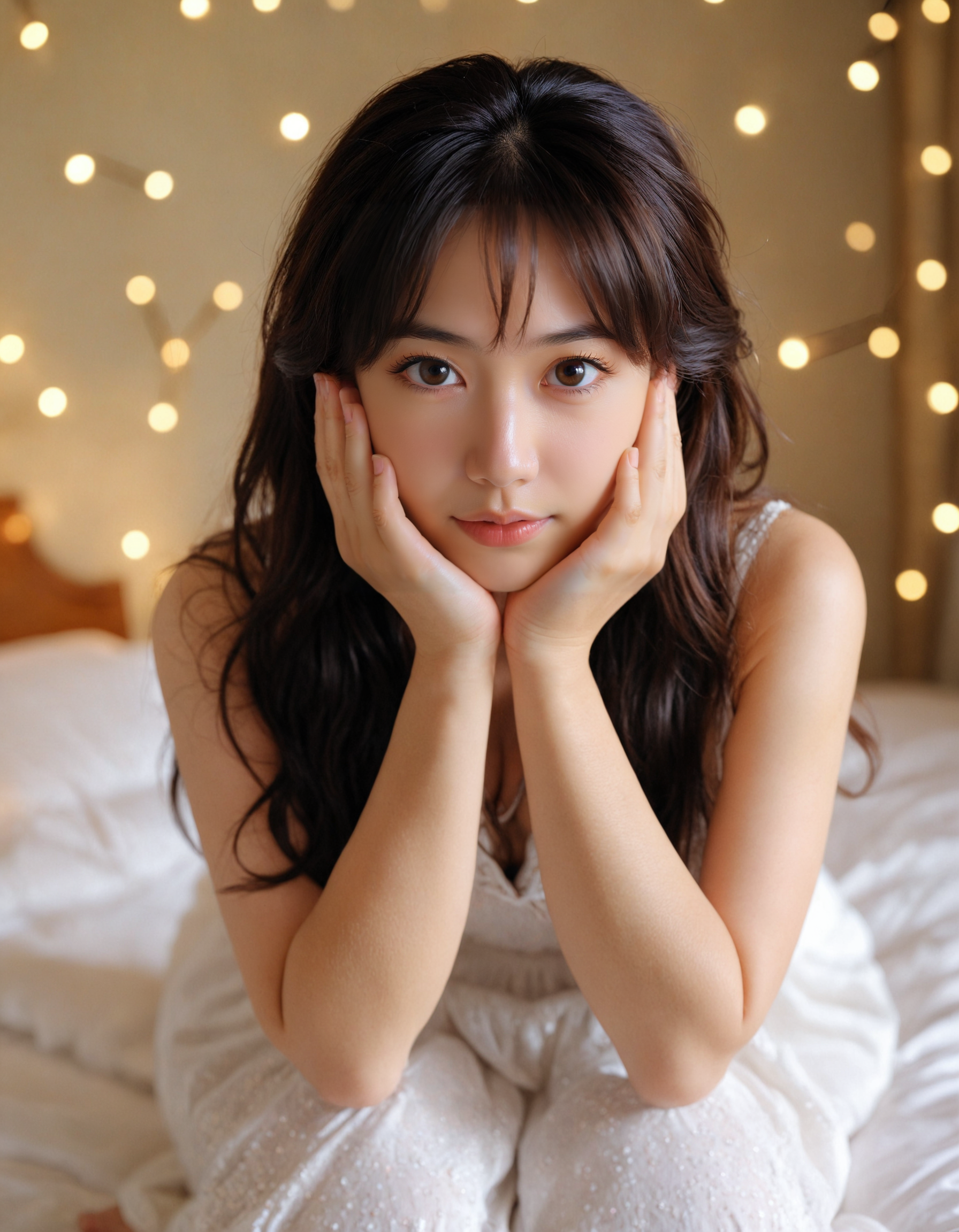 masterpiece, best quality, (adult girl), posing (very submissive:1.5), (kneel on the bed), supporting head on hands, (cute face, temptations look), (shallow focus:1.2), (shy, in love, in love expression:1.2), (triangle shape face:0.6), (black hair:1.2, long brown hair), deep v top, dress, bed, (rim light from bottom-right:0.96), (Canon 50 f/1.2 lens bokeh),  <lora:hinaTuningFaceDetailer_SDXL-v2-rank256-pruned:1>