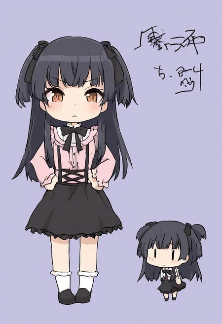 score_4,score_5,score_6,score_7_up,score_8_up,score_9 ((masterpiece,best quality,ultra detailed,highres,HD,4k:1.2)), 
1 girl,solo,face focus,
chibi,full body,deformed,| |,
fuyuko mayuzumi, black hair, brown eyes, long hair, two side up,
black bow, black bowtie, black ribbon, black skirt, bow, bowtie, frilled shirt, frills, jirai kei, long sleeves, neck ribbon, pink shirt, ribbon, shirt, skirt, white shirt,
hands on hip,
looking at viewer,from front,front view,front angle,
frown,blush,closed mouth,