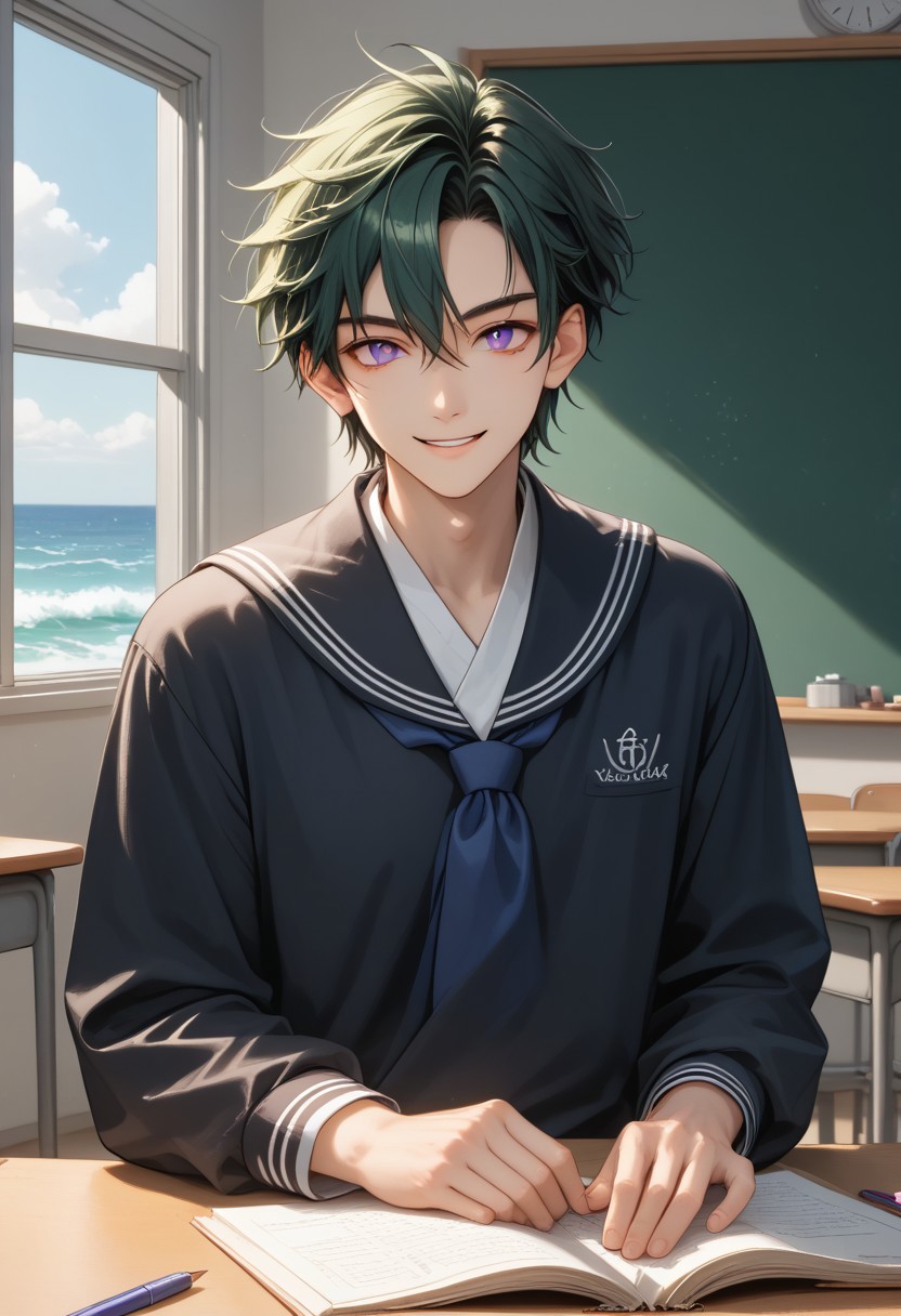 Score_9, Score_8, Score_7,masterpiece quality, , perfect eyes, perfect face, perfect ears, perfect anatomy, perfect hands, intricate details, BREAK,1boy, antherima, full body, purple eyes, slit pupils, dark green hair, hair between eyes, asymmetrical hair parting, solo, 20 years old, student, sailor suit, greeting, wave, smile ,BREAK,
school, classroom,desk