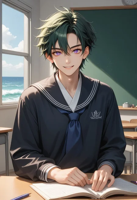 Score_9, Score_8, Score_7,masterpiece quality, , perfect eyes, perfect face, perfect ears, perfect anatomy, perfect hands, intricate details, BREAK,1boy, antherima, full body, purple eyes, slit pupils, dark green hair, hair between eyes, asymmetrical hair parting, solo, 20 years old, student, sailor suit, greeting, wave, smile ,BREAK,
school, classroom,desk