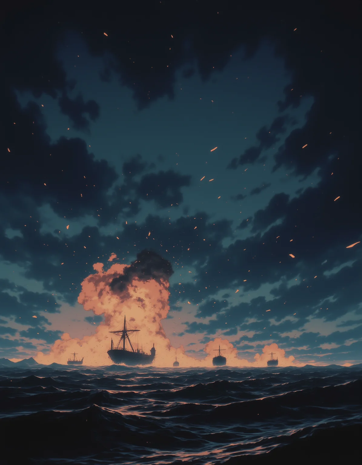 A dark, stormy sky where a fleet of airships is engaged in a fierce battle, with explosions and debris filling the air.,
<lora:NeonFantasyFLUX:0.8> ne0nfant4sy,