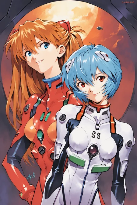 2girls,ayanami rei,plugsuit,souryuu asuka langley,blue hair,white bodysuit,red bodysuit,red eyes,short hair,blue eyes,interface headset,headphones,long hair,orange hair,smile,pilot suit,score_9,score_8_up,<lora:Sadamoto Yoshiyuki_XL_PONY:0.9>,
