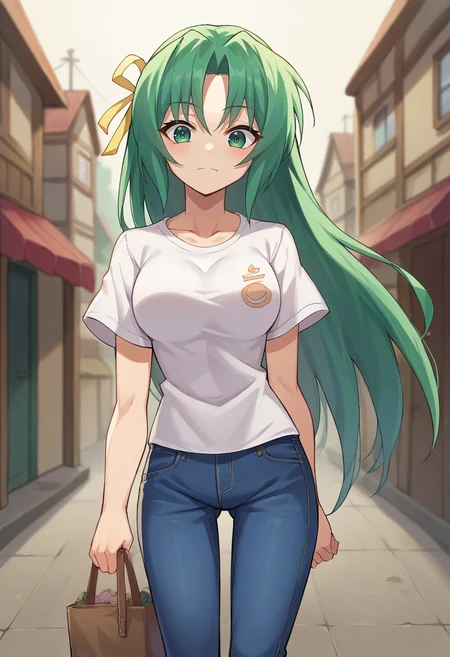 score_9, score_8_up, score_7_up, 1girl, solo, source_anime BREAK sonozaki shion, green hair, long hair, green eyes, yellow ribbon, white t-shirt, jeans, village, <lora:SHionAdapt0.5 15-000010:1>