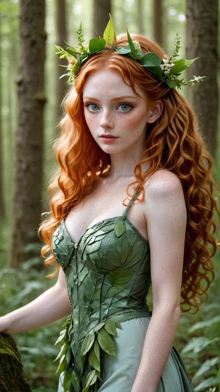 4k, highly detailed, photo of a ginger female nymph standing in an enchanted forest, pointy ears, high fantasy, magic, ((forest nymph)),
<lora:Gingerella_-_OC:0.8> 1girl, g1ng3r3ll4, long hair, lips, freckles, redhead, ginger, pale skin, olive green eyes, wavy hair, curly hair, petite, busty, ((wearing a sleek garment made of leaves, clothed in nature, wearing a headdress made of sticks and leaves and flowers)),