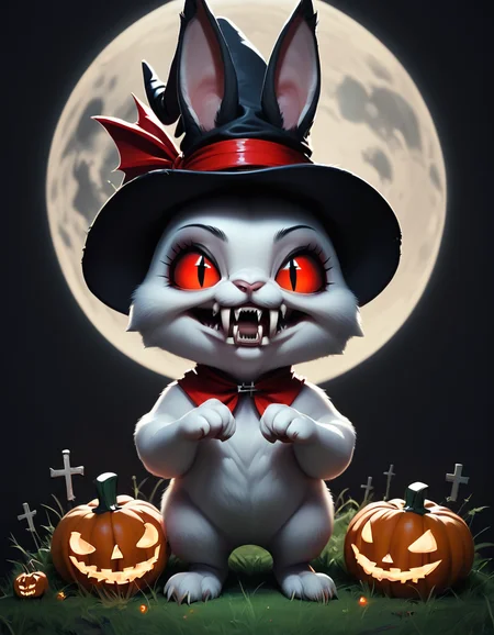 score_9, score_8_up, score_7_up, the cutest little (vampire:1.6) bunny rabbits, big fangs, grass, full moon, grave black hat, pumpkin, cross, black background, plain background