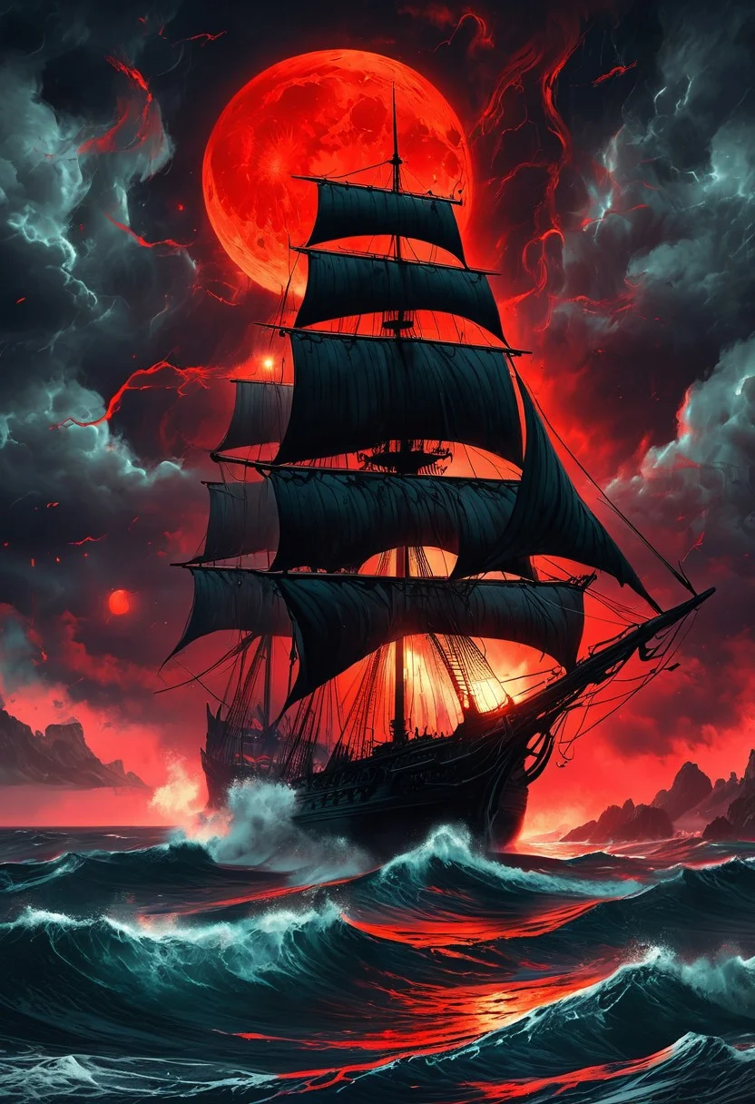 A captivating night scene illustration featuring a large and tall and ominous black 17th century haunted sailing ship  sailing on the forboding and haunted ocean.  This enchanting artwork captures a dark and ominous night, where an ominous red bloodmoon hangs above the scene with red lightning bolts striking down from dark clouds, creating a cinematic experience., illustration, cinematic view from above
<lora:DonM3t3rn1tyXL-v1.1:0.7>, DonM3t3rn1tyXL,
OverallDetailXL  <lora:MJ52:0.3>  <lora:SDXLFaeTastic2400:0.4>  <lora:EpicF4nta5yXL:0.7>