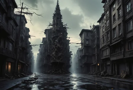 high quality, 8K Ultra HD, a metropolis where elements of nightmarish surrealism converge into a scary, gore, horror scene, Escher's influence is subtly incorporated, transforming the city into an intricate, mind-bending spectacle, Stark contrasts between light and dark enhance the dreamlike quality of the scene, creating an unsettling yet captivating urban horrific dreamscape, photorealistic, ultra realistic,aidmaimageupgrader,