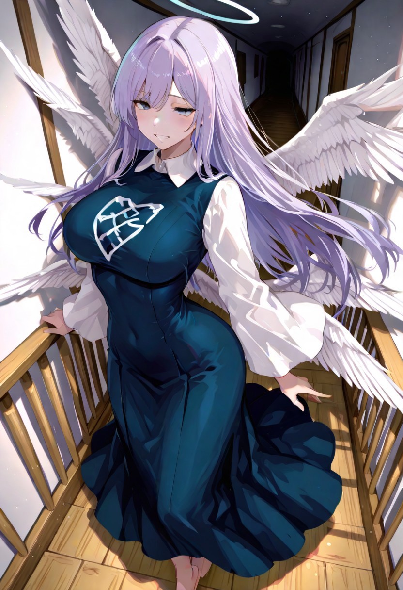 score_9, score_8_up, score_7_up, anime, masterpiece, high definition, (best quality:2.0), 1girl, angel_of_death, standing, dark blue dress, angel wings, blue eyes, light purple hair, long hair, white collar, white sleeves, barefoot, big breasts, small waist, beautiful eyes, beautiful face, grin, indoors, wooden corridor, long corridor
BREAK 
,
from afar, full body, expressive, volumetric lighting, cinematic lighting, holographic colors, gradient colors, masterpiece, raytracing, soft lighting, blum effect,