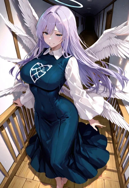 score_9, score_8_up, score_7_up, anime, masterpiece, high definition, (best quality:2.0), 1girl, angel_of_death, standing, dark blue dress, angel wings, blue eyes, light purple hair, long hair, white collar, white sleeves, barefoot, big breasts, small waist, beautiful eyes, beautiful face, grin, indoors, wooden corridor, long corridor
BREAK 
,
from afar, full body, expressive, volumetric lighting, cinematic lighting, holographic colors, gradient colors, masterpiece, raytracing, soft lighting, blum effect,