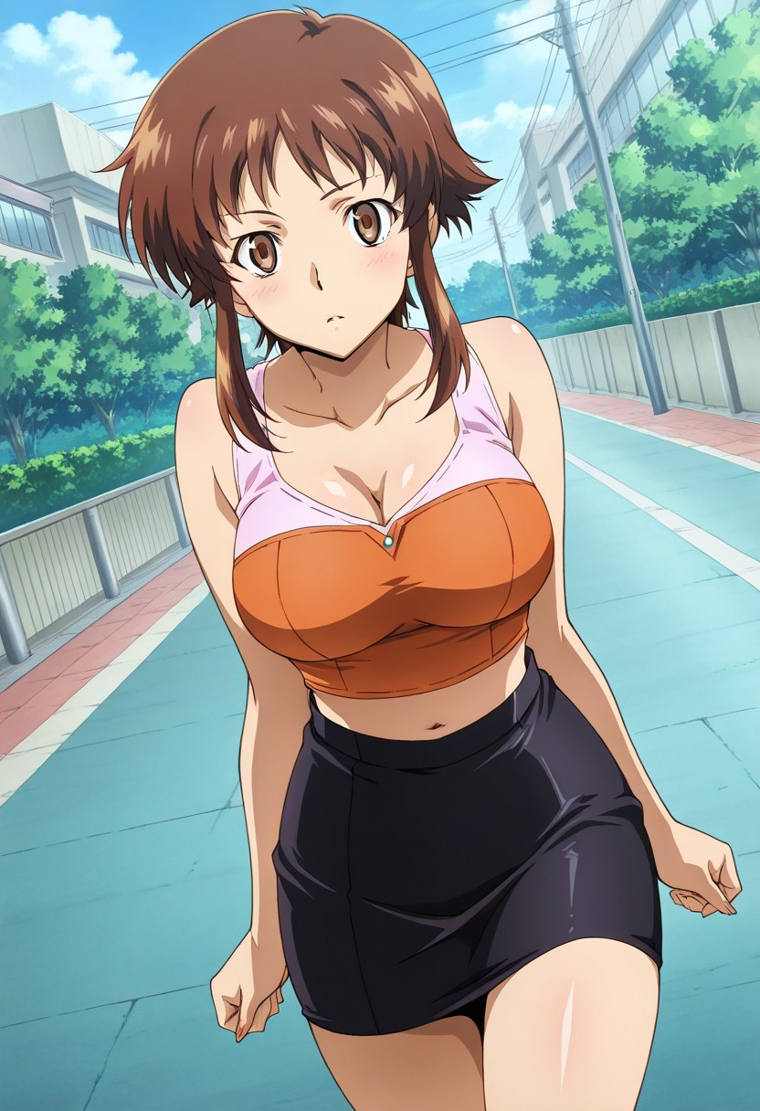 anime screencap, anime coloring, masterpiece, perfect face, perfect eyes,
Anime illustration, Hinata Hino, anime Mirai Nikki. 1girl, solo, standing position, outdoors, street background, large breasts, looking at the viewer, open eyes, brown eyes, 
short hair, brown hair, long locks, sidelocks,
skin tight shirt, sleeveless (very tight shirt), bare shoulders, strapless, black skirt, pencil skirt, black high waist skirt, navel, midriff, cleavage, big breasts. front view, dynamic angle,
masterpiece uncensored, hino_hinata, Hinata
