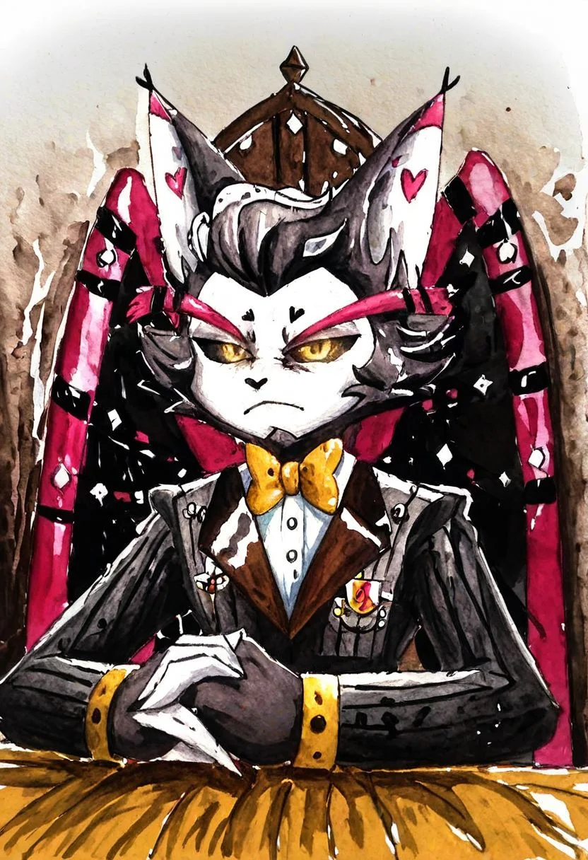 Overlord Husk(hh), Overlord Husker(hh), Overlord Husky(hh), Husk(hh), Husker(hh), Husky(hh), black sclera, yellow eyes, tail, wings, animal ears, paw print, paws, no humans, furry male, Poker themed heart ear detail, animal hands, cat ears, anthro, 4 toes, (wings:1.4),  (Male anthro cat:1.3).
Solo, alone, by himself, 1boy, male.
clothing, clothed, suit, black suit, traditional red bowtie, white shirt, shirt, black pants, pants, black trousers, trousers, long trousers, nothing in hands, holding nothing.
HD, digital painting, digital art, masterpiece.
Headshot, head focus, close to face, closeup, bustshot.
closed mouth, lustful emotion.
throne, throne room, sitting, sitting on throne, {inside:1.4}.
HD, digital painting, digital art, masterpiece ((bustshot portrait)), digital drawing (artwork), digital media (artwork), hi res.  negative_hand. {{{ By Viv, By vivsiepop, Art by viv, art by vivsiepop, art by pop, by pop, Series style, Viv series style, vivsiepop series style.}}}