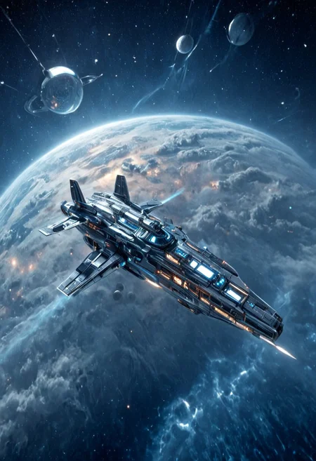 h0rr0rstyl3, CosmicStyle, mid-range orbital shot, sleek chrome spacecraft, corporate-controlled patrol vessels, retrofuturist designs, Cold War-era lines blended with alien engineering, rotating gravity rings, dynamic thruster arrays, flaring blue exhaust trails, soft-glow lighting under sensor domes, neon-coded serial markings, angular symmetry, drifting over cloud-covered exoplanet, interstellar corporate security, industrial sci-fi aesthetics, clean paneling with minimal distress, silent formation flight, strategic surveillance positions, dusk-light horizon shimmer