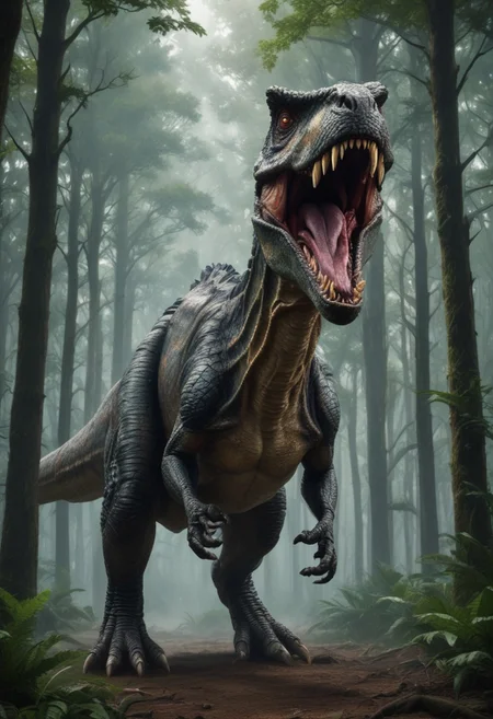 upscale, a  braciosaurs,, massive gigantic braciosauras, fierce, roaring, in a jurassic world, green forest,  hyperrealistic, fantasy, flying around, angry, highly detailed body, super realistic, hi_res, absurd detailed, very detailed face,