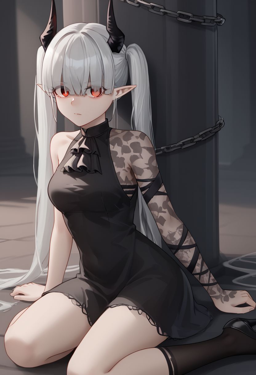 1girl, solo, chained_sarkaz_girl, black dress, single leg pantyhose, asymmetrical clothes, patterned clothes, single sleeve, black sock, kneehigh, black footwear, high heels, black ascot, hair over eyes, eyes visible through hair, demon horns, blunt bangs, red eyes, pointy ears, pale skin, white hair, grey hair, twintails