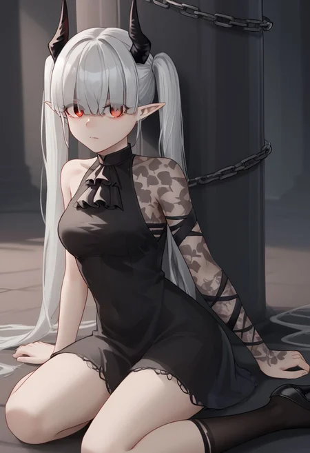 1girl, solo, chained_sarkaz_girl, black dress, single leg pantyhose, asymmetrical clothes, patterned clothes, single sleeve, black sock, kneehigh, black footwear, high heels, black ascot, hair over eyes, eyes visible through hair, demon horns, blunt bangs, red eyes, pointy ears, pale skin, white hair, grey hair, twintails