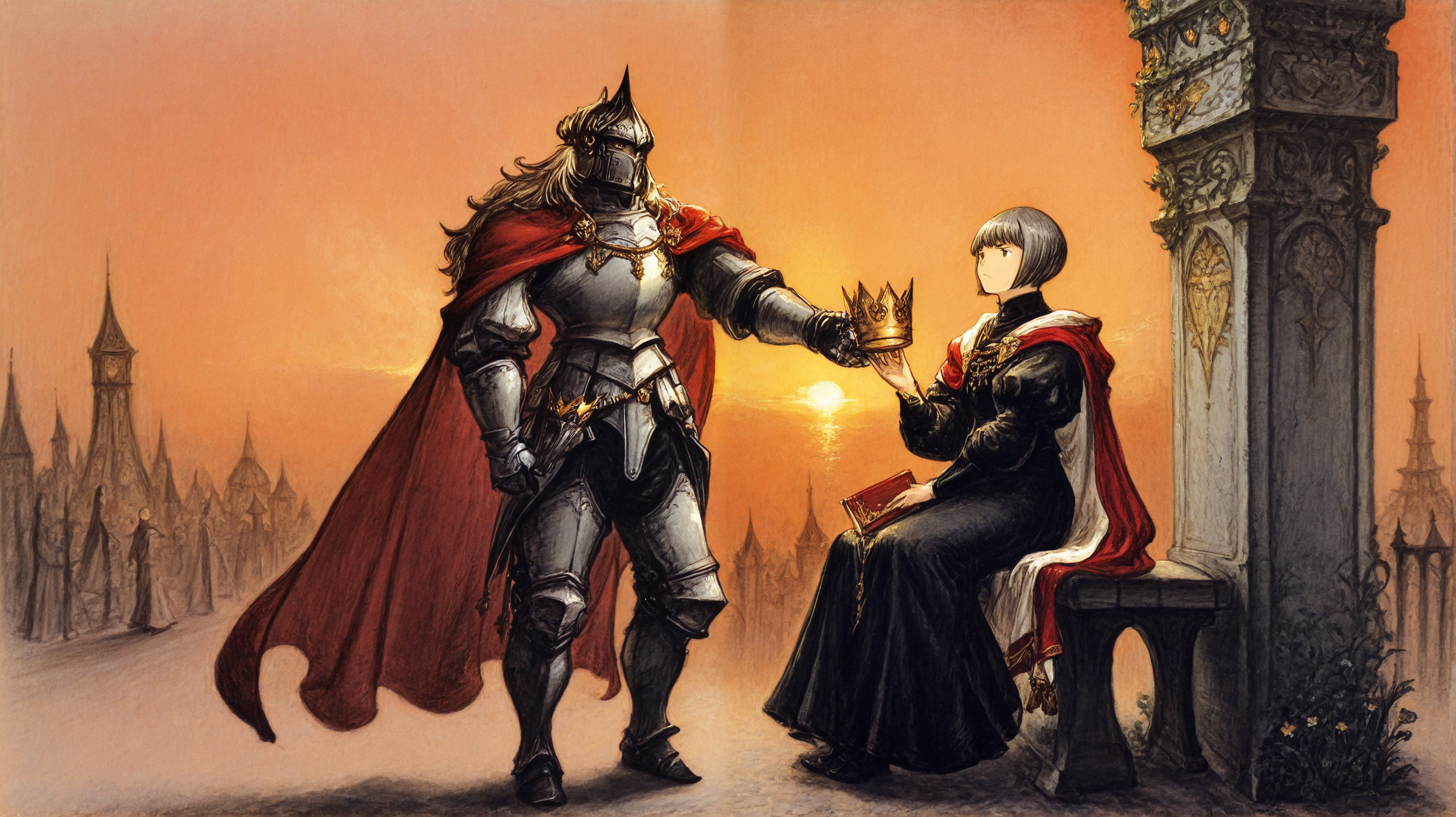 panoramic shot,
tower (garden), dream like, (sunset), orange sky, royal garden, flowers, side view, 
BREAK
1man male, (masculine), sthepan king, old adult, futuristic man_haircut, royal clothes, red cape, sitting on bench, holding crown, (distrust),
BREAK
Gol3em, metal Golem, ((no human)), metal mask, helmet mane, gray armor, standing,
BREAK
( color ink \(medium\), graphite \(medium\), gouache \(medium\) :1.3),(triangle strategy,octopath traveler:1,square enix:0.8),(book art:0.8),(1990s \(style\):0.8),<lora:[GAME ARTIST] Naoki Ikushima_epoch_13:1>,
,JanMatejkoStyle-IL.V1.0, oil painting, masterpiece, best quality,  elegant fantasy, soft colors, no humans,