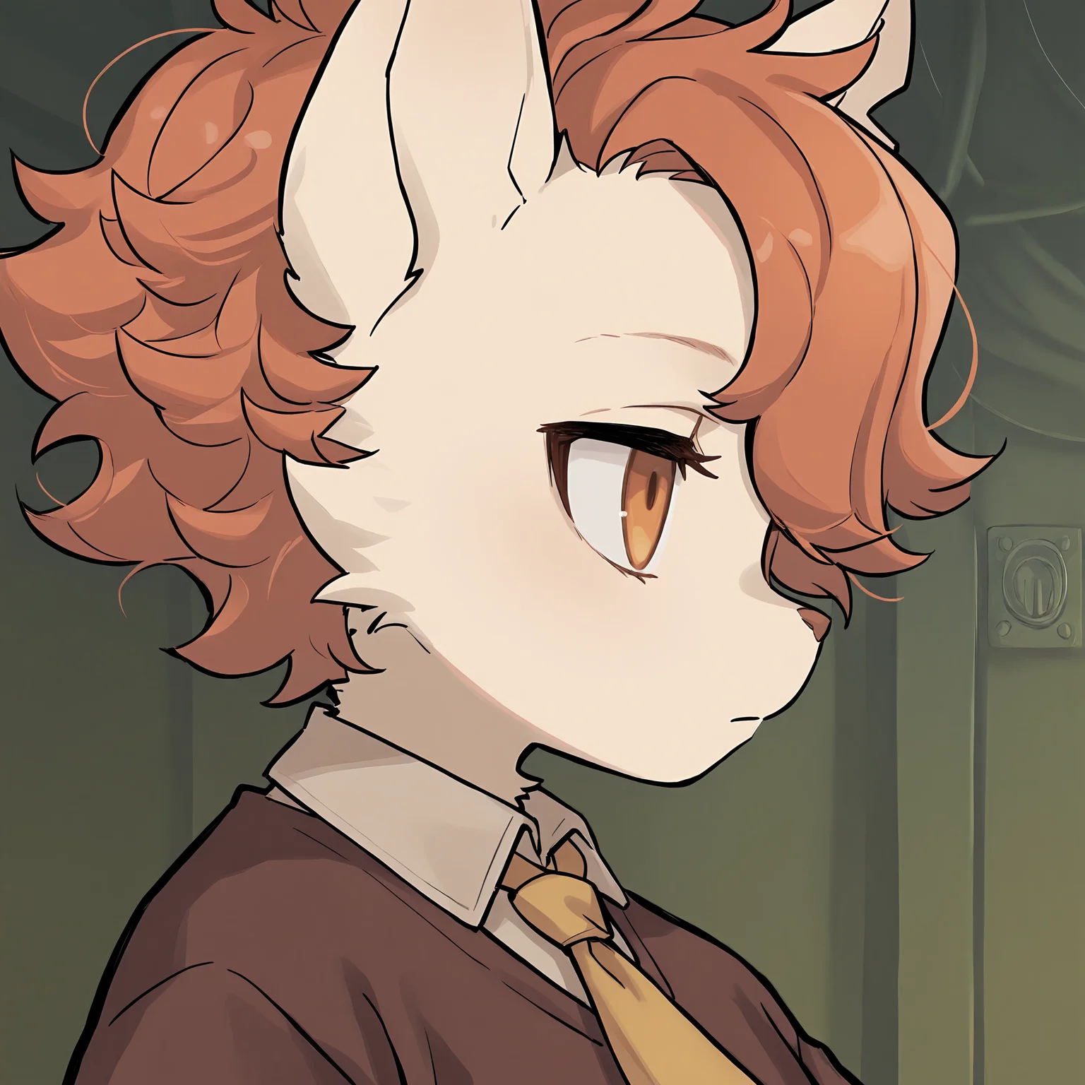 BREAK, <lora:Kyle_Bavarois_V1_Illustrious:1>, kyle bavarois, fuga: melodies of steel, kemono, furry male, cat boy, young male, 1boy, cream fur, short hair, orange hair, hair over one eye, orange eyes, animal ears, cat ears,
BREAK, fuga 2 outfit, brown sweater, tan undershirt, yellow necktie,
BREAK, (solo), face focus, close-up, looking away, side view